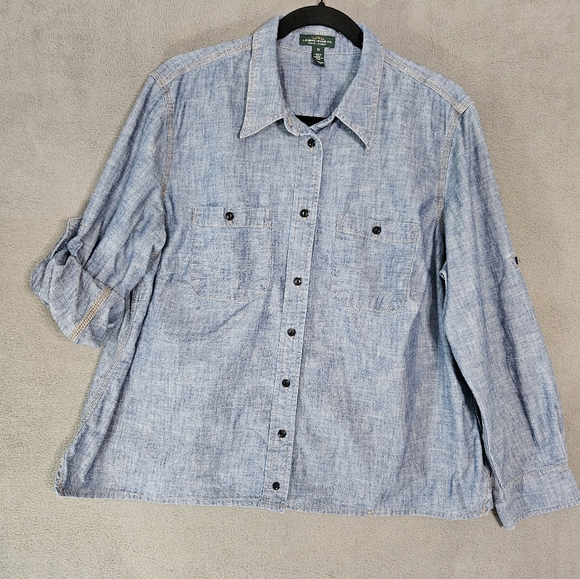 Ralph Lauren Jeans Womens Plus 1X Worker Shirt Blue Button Up Roll-Tab Sleeve - Picture 1 of 10
